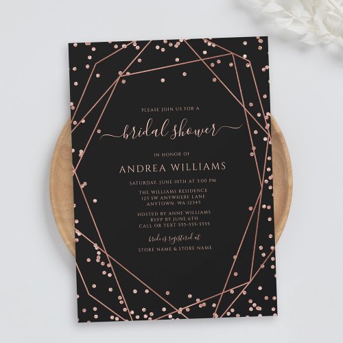 Black Rose Gold Glitter Geometric Bridal Shower Invitation