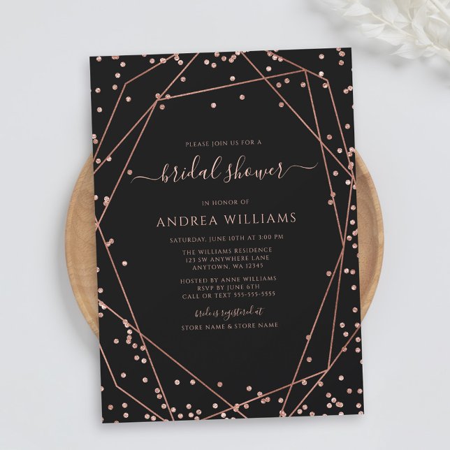 Black Rose Gold Glitter Geometric Bridal Shower Invitation (Creator Uploaded)