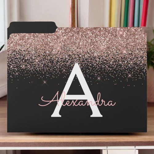 Black Rose Gold Glitter Girly Monogram Name File Folder