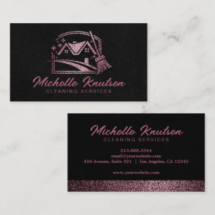 Black Rose Gold Glitter House Cleaning Service     Business Card