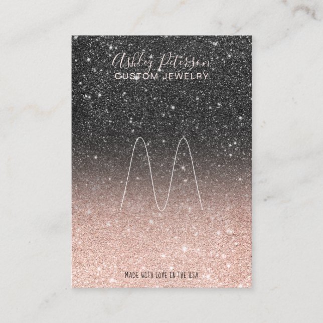 Black rose gold glitter jewelry ring display business card (Front)