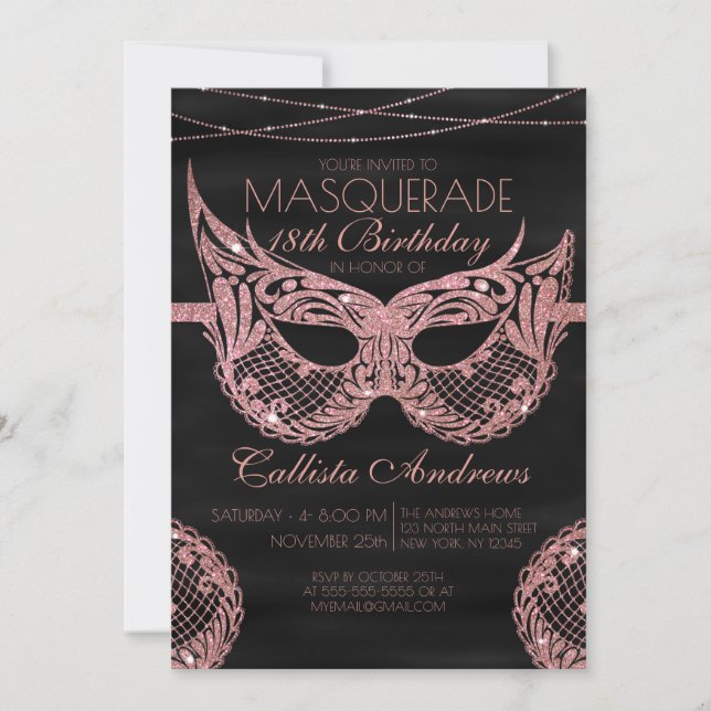 Black Rose Gold Glitter Lace Masquerade Birthday Invitation (Front)