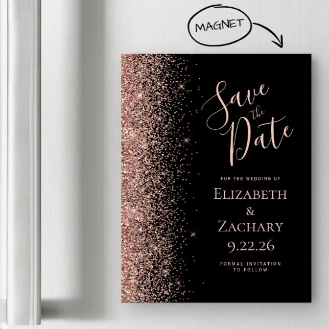 Black Rose Gold Glitter Magnetic Save the Date (Creator Uploaded)