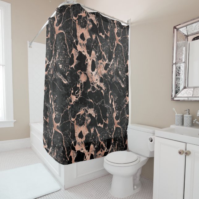 Black & Rose Gold Glitter Marble 2 Shower Curtain (In Situ)