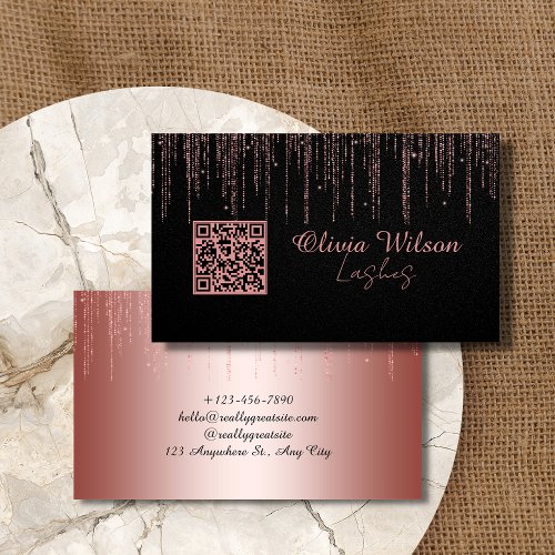 Black Rose Gold Glitter Minimalist Qr_code Business Card