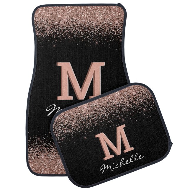 Black Rose Gold Glitter Monogram Car Floor Mat (Set)