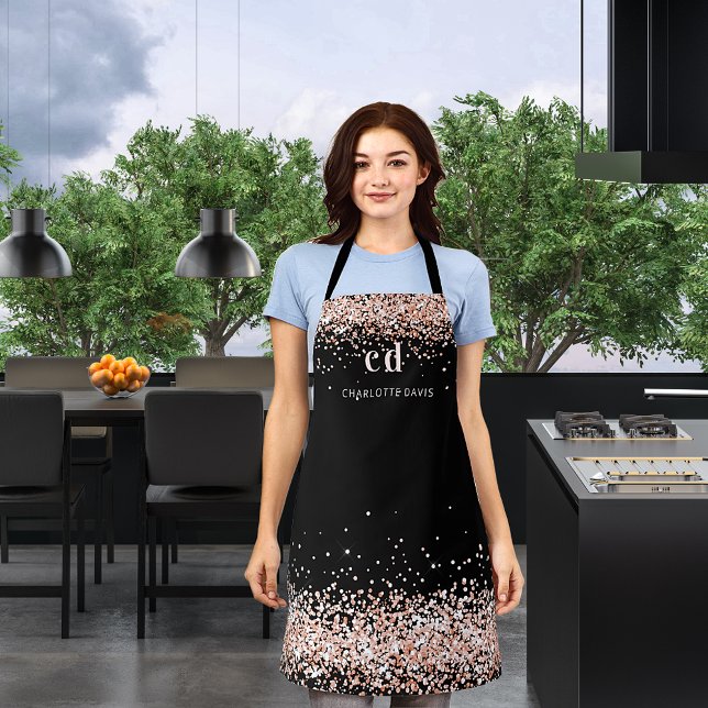 Black rose gold glitter monogram initials apron (Creator Uploaded)