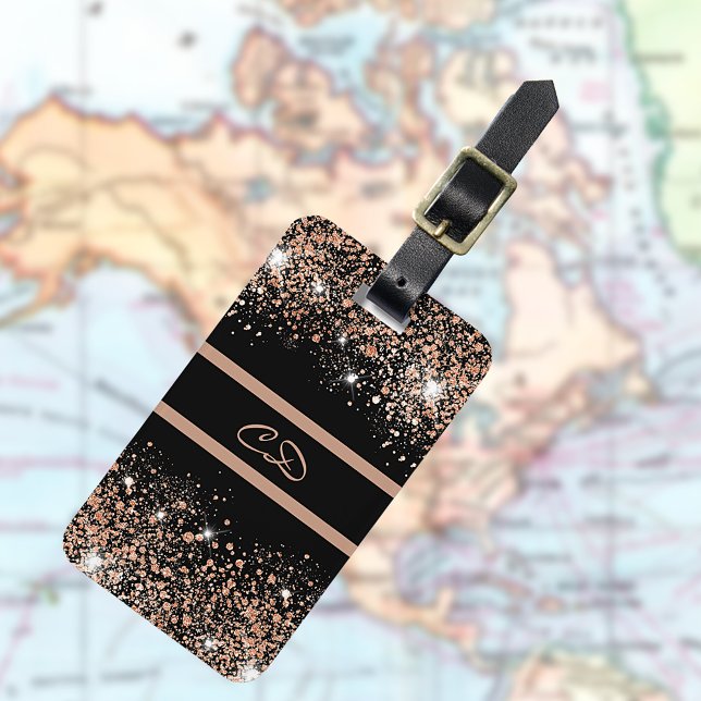 Black rose gold glitter monogram initials luggage tag (Creator Uploaded)