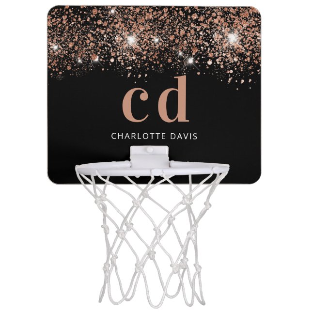 Black rose gold glitter monogram initials mini basketball hoop (Front)