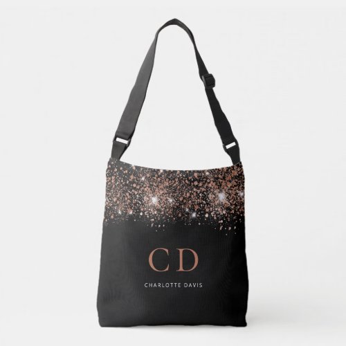 Black rose gold glitter monogram initials name crossbody bag