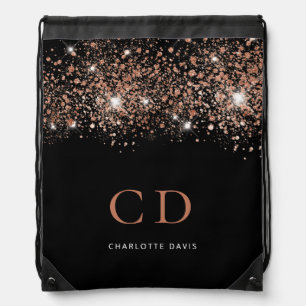 Black rose gold glitter monogram modern drawstring bag