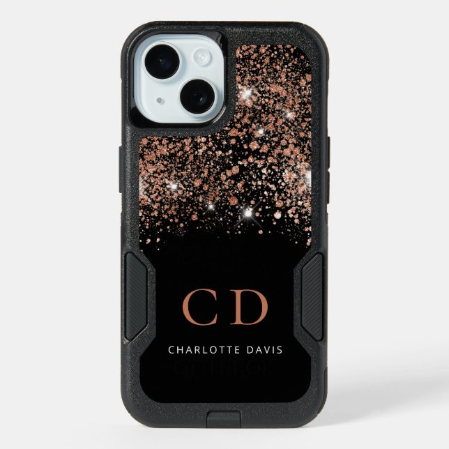 Black rose gold glitter monogram modern iPhone 15 case (Back)