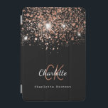 Black rose gold glitter monogram name elegant  iPad mini cover<br><div class="desc">A chic black background decorated with rose gold glitter drops.  Personalize and add your first name,  monogram initials and full name.  Rose gold and white colored text.   The first name is written with a modern hand lettered style script.</div>
