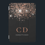 Black rose gold glitter monogram name elegant  iPad mini cover<br><div class="desc">A chic black background decorated with rose gold glitter drops.  Personalize and add your monogram initials and name.  Rose gold and white colored text.</div>
