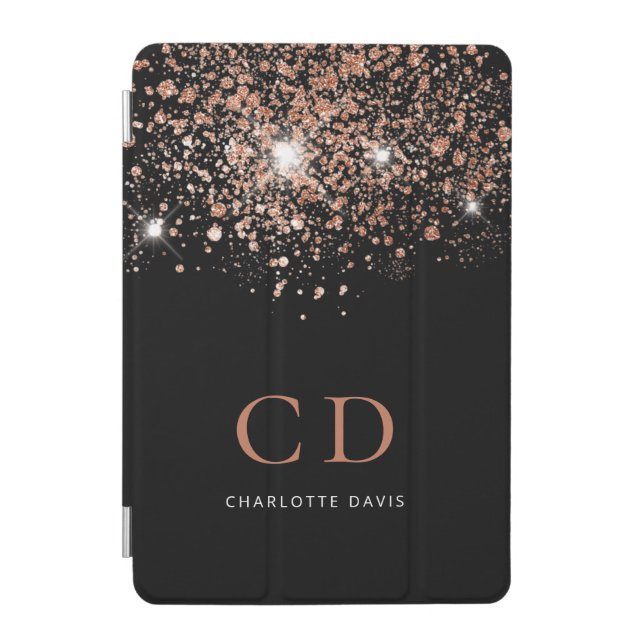 Black rose gold glitter monogram name elegant  iPad mini cover (Front)