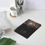 Black rose gold glitter monogram name elegant iPad pro cover<br><div class="desc">A chic black background decorated with rose gold glitter drops.  Personalize and add your monogram initials and name.  Rose gold and white colored text.</div>