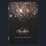 Black rose gold glitter monogram name elegant  iPad pro cover<br><div class="desc">A chic black background decorated with rose gold glitter drops.  Personalize and add your first name,  monogram initials and full name.  Rose gold and white colored text.   The first name is written with a modern hand lettered style script.</div>