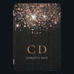 Black rose gold glitter monogram name elegant  iPad pro cover<br><div class="desc">A chic black background decorated with rose gold glitter drops.  Personalize and add your monogram initials and name.  Rose gold and white colored text.</div>