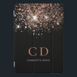 Black rose gold glitter monogram name elegant  iPad pro cover<br><div class="desc">A chic black background decorated with rose gold glitter drops.  Personalize and add your monogram initials and name.  Rose gold and white colored text.</div>