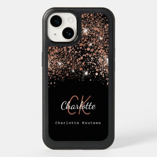 Black rose gold glitter monogram name elegant OtterBox iPhone 14 case