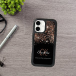 Black rose gold glitter monogram name elegant iPhone 16 case<br><div class="desc">A chic black background decorated with rose gold glitter drops.  Personalize and add your first name,  monogram initials and full name.  Rose gold and white colored text.   The first name is written with a modern hand lettered style script.</div>
