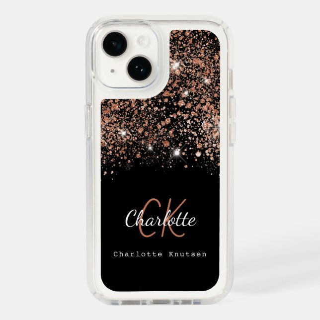 Black rose gold glitter monogram name elegant speck iPhone case (Front)