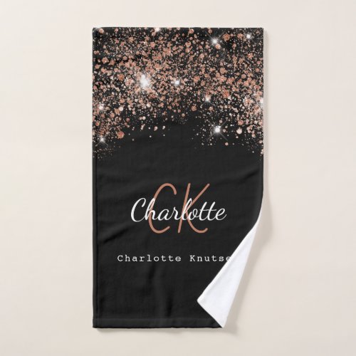 Black rose gold glitter monogram name script bath towel set