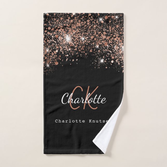 Black rose gold glitter monogram name script bath towel set (Hand Towel)