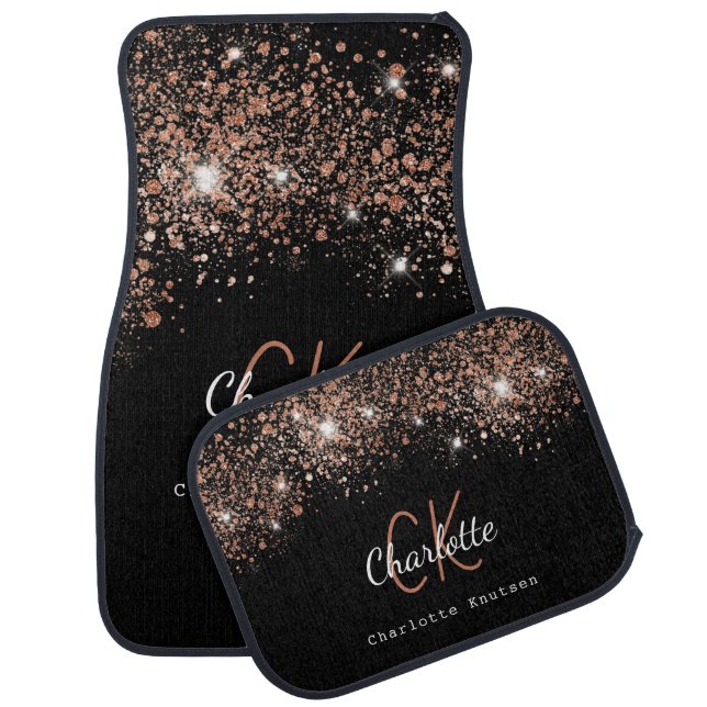 Black rose gold glitter monogram name script car floor mat (Set)