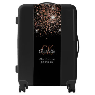 Black rose gold glitter monogram name script luggage