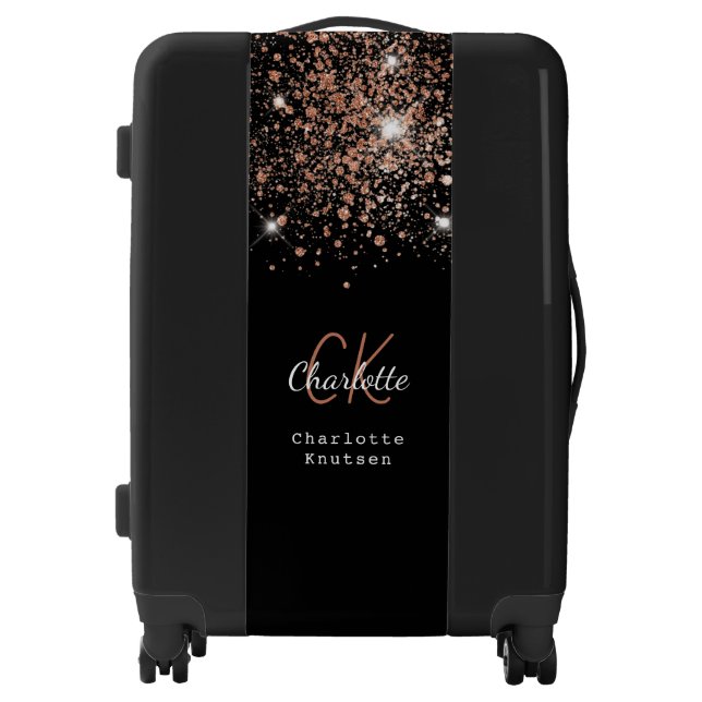 Black rose gold glitter monogram name script luggage (Front)
