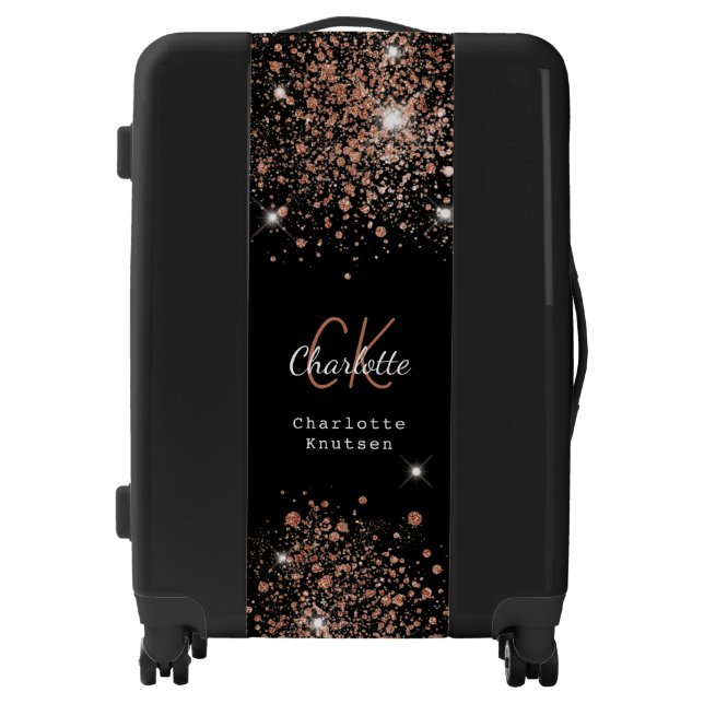 Black rose gold glitter monogram name script luggage (Front)