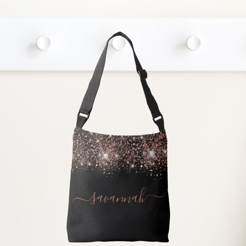 Black rose gold glitter monogram script crossbody bag