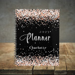 Black rose gold glitter name appointment 2024 planner<br><div class="desc">Black background. Rose gold,  blush faux glitter dust.  Personalize and add a year and name.  White letters.</div>