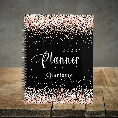 Black rose gold glitter name appointment 2024 planner