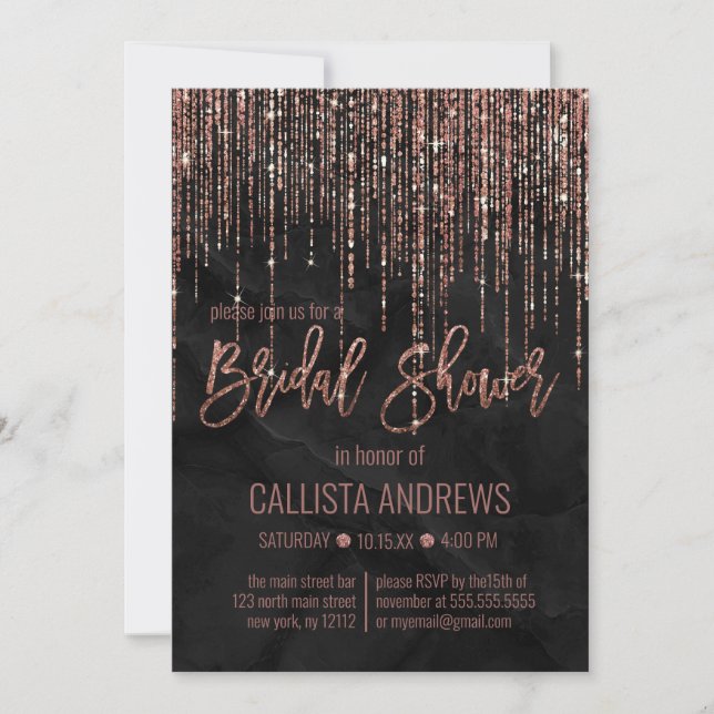 Black Rose Gold Glitter Pearl Marble Bridal Shower Invitation (Front)
