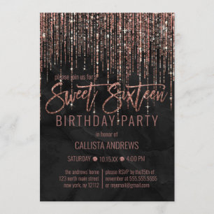 Black Rose Gold Glitter Pearl Marble Sweet 16 Invitation