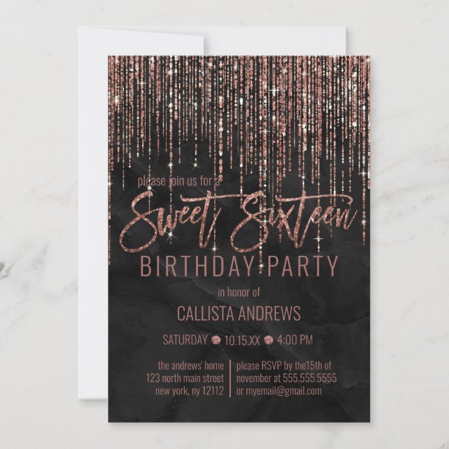 Black Rose Gold Glitter Pearl Marble Sweet 16 Invitation (Front)