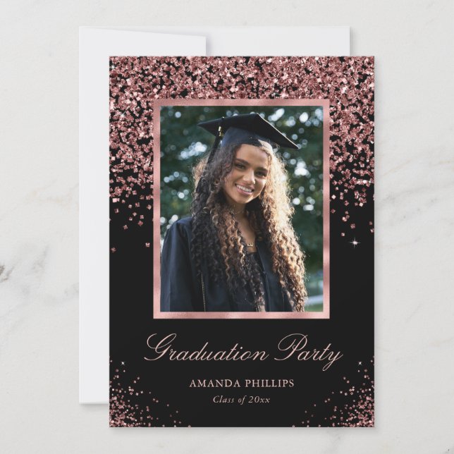 Black Rose Gold Glitter Photo Graduation Party Invitation (Front)