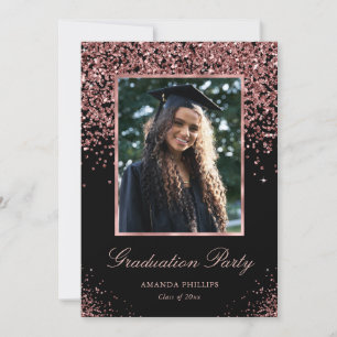 Black Rose Gold Glitter Photo Graduation Party Invitation