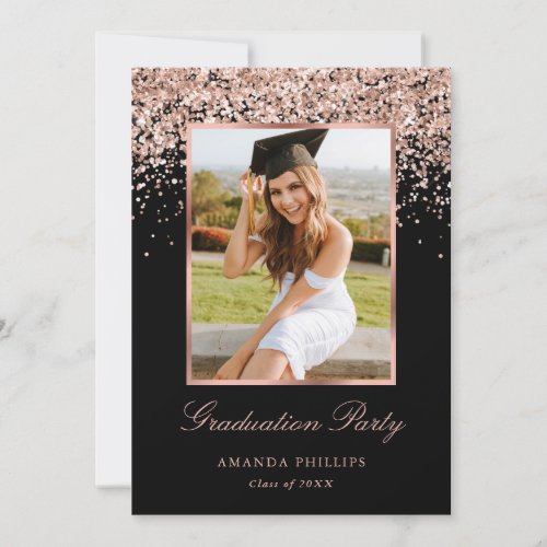 Black Rose Gold Glitter Photo Graduation Party Invitation