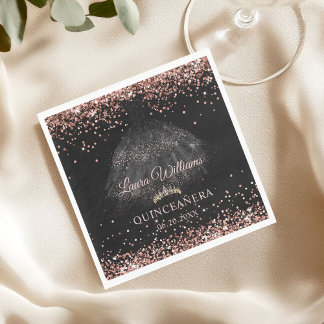 Black & Rose Gold Glitter Princess Quinceañera  Napkins