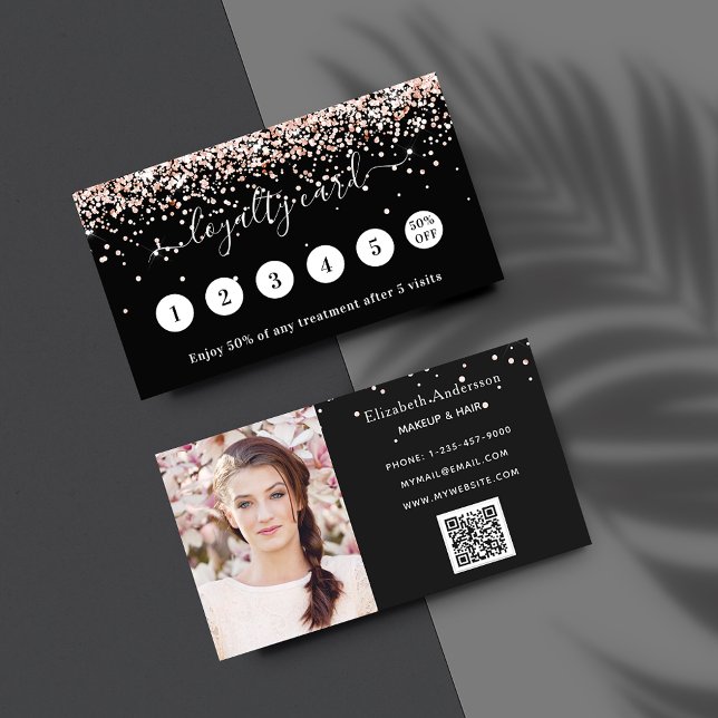 Black rose gold glitter qr code photo loyalty card (Creator Uploaded)