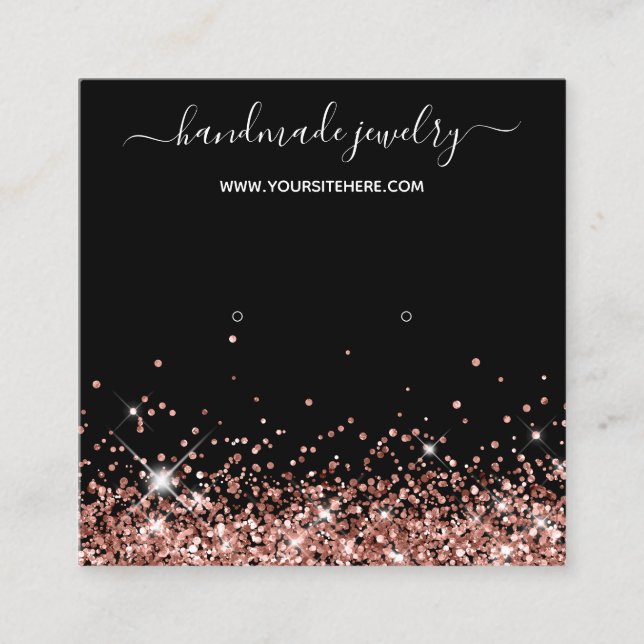 Black Rose Gold Glitter Signature Earring Display Square Business Card (Front)