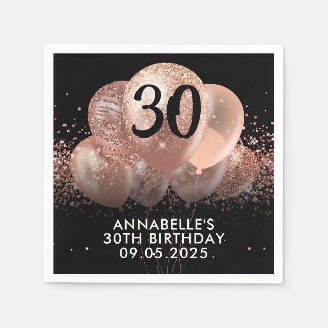Black Rose Gold Glitter Sparkle Balloon Birthday Napkins (Front)