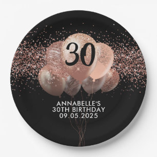 Black Rose Gold Glitter Sparkle Balloon Birthday Paper Plates