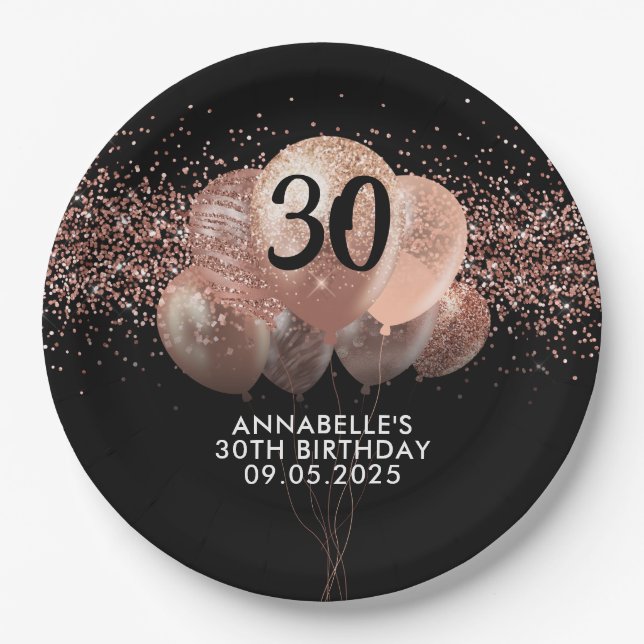 Black Rose Gold Glitter Sparkle Balloon Birthday Paper Plates (Front)