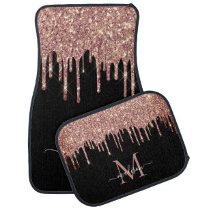 Black Rose Gold Glitter Sparkle Dripping Monogram Car Floor Mat