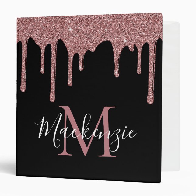 Black Rose Gold Glitter Sparkle Drips Monogram 3 Ring Binder (Front/Inside)