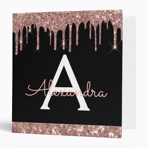 Black Rose Gold Glitter  Sparkle Monogram 3 Ring Binder